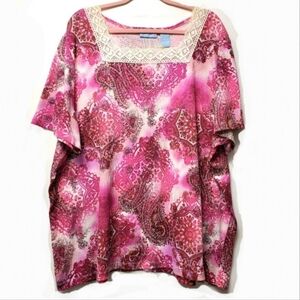 Liz & Me Pink Paisley Floral Top Crochet Neckline Detail Short Sleeves S…